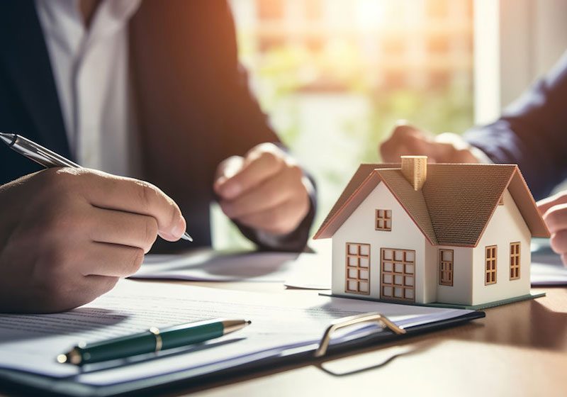 A real estate agent and their client are in the process of signing a contract or agreement